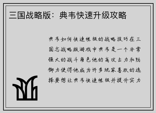 三国战略版：典韦快速升级攻略